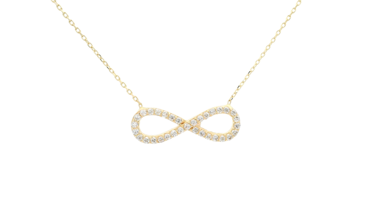Elegant necklace with infinity pendant fully adorned with zirconia stones